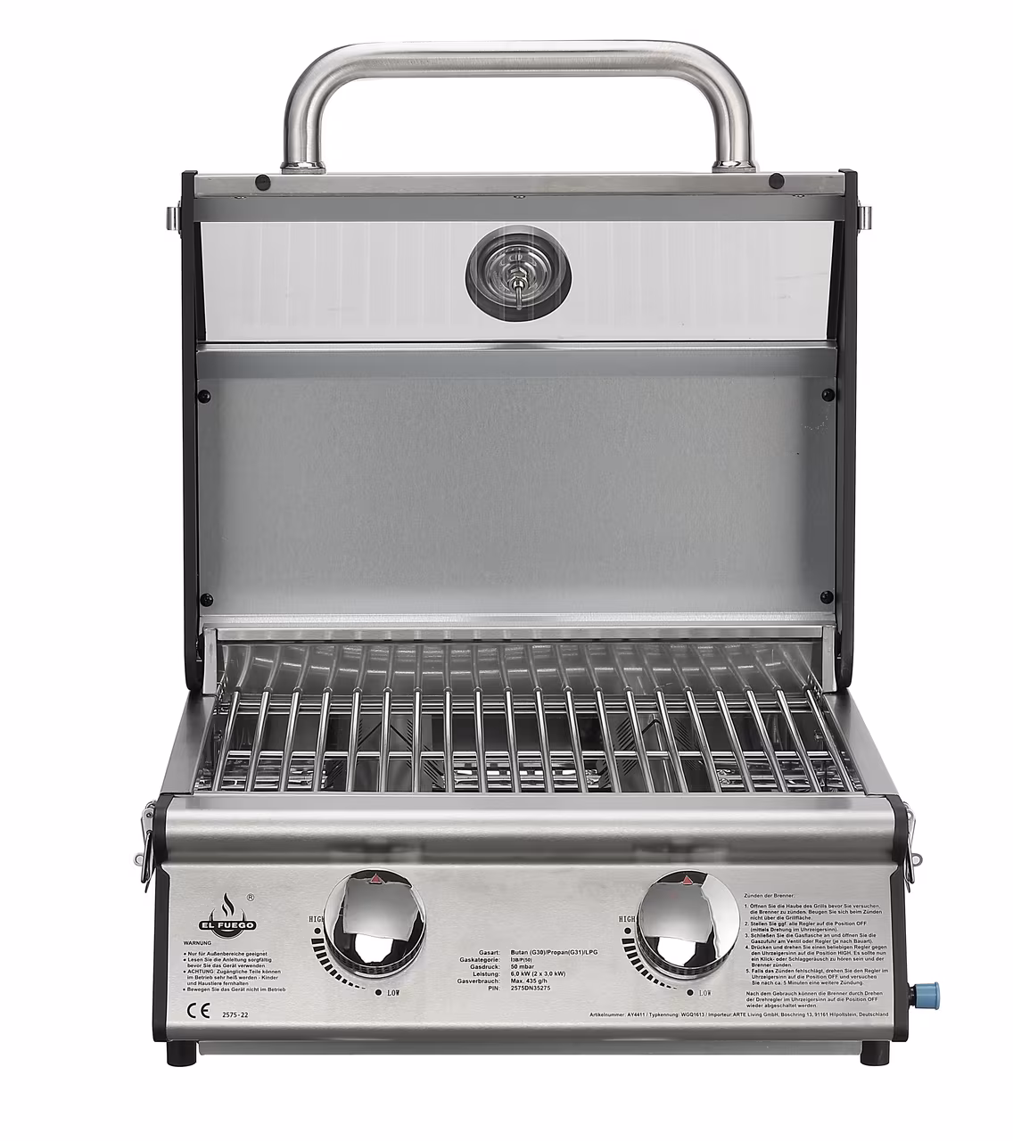 Tischgrill Edelst. Gasgr. Jesolo 2 x 3,0 kW Brenner mit Sichtfenster