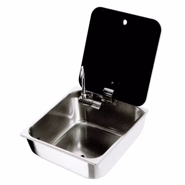 Kompaktes Edelstahlbecken mit Glasabdeckung